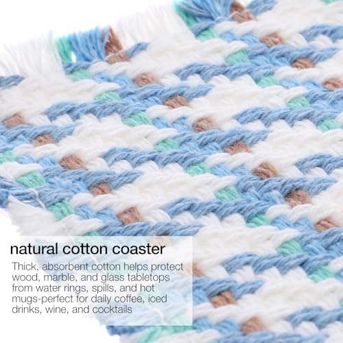 Set of 10 Fabric Drink Coasters, Handcrafted Cotton Woven Coasters for Table, Coastal Farmhouse Table Decor for Coffee Tea Cocktails, Absorbent Soft Desk Coasters for Kitchen Office, Housewarming Gift - color: Blue Bird