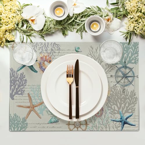 Nautical Placemats Set of 4 Starfish Sea Shell Beach Theme Ocean Coral Washable Non-Slip Heat Resistant 12×18 Inch Seasonal Summer Linen Fabric Table Mat for Party Kitchen Dining - color: Nautical