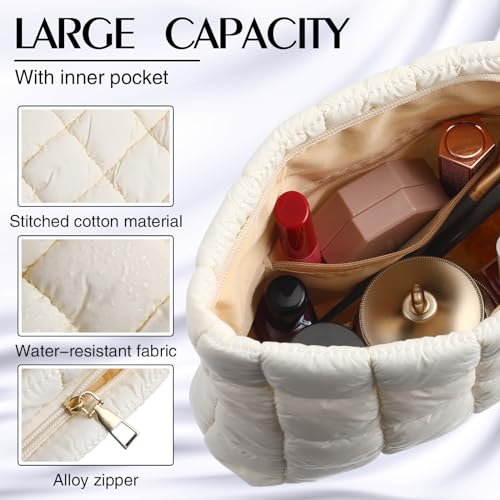 Hillban White Puffy Quilted Makeup Bag for Women Cosmetic Bag Gift, Classic - color: White, size: Classic
