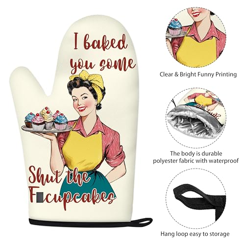 Funny Oven Mitts for Women Yellow Kitchen Accessories and Decor Oven Mitt Sets Retro Humor House Warming Cooking Baking Gifts for Mom Wife Sister (Beige, Oven Mitts & Pot Holders)