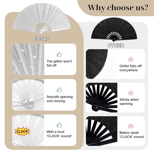 EOSAU 13" Glitter Folding Hand Fans Foldable, Clacking Fans for Women Black - color: 13" Silver 02