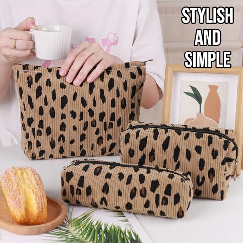3 Pcs Makeup Bag Cosmetic Bag Set for Girls Women Travel Organizer Bathroom Toiletry Pouch Large Capacity Storage Bag (Leopard Brown) - color: Leopard Brown