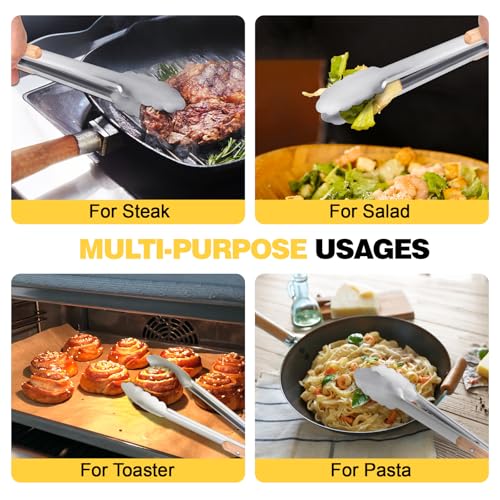 Premium Metal Kitchen Tongs for Cooking - Heat Resistant 1100°F Stainless Steel Tongs with Comfortable Wooden Grips - Perfect for Grill, Salad, Toaster, Cooking, and Serving Food (12-inch)