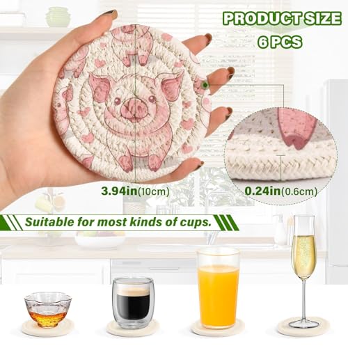 Cute Pig Drink Coasters Set - 6 Pcs Minimalist Woven Coasters with Holder for Home Decor, 3.94 Inch Absorbent Coasters for Drinks - color: C185