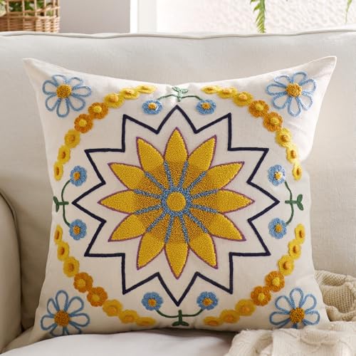 Embroidered Floral Throw Pillow Cover 18x18 Set of 1 Yellow - color: Yellow, size: 18" x 18" (Pack of 1)