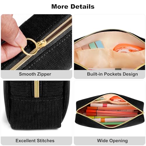 FINPAC Pencil Case, Corduroy Aesthetic Makeup Bag - color: Black