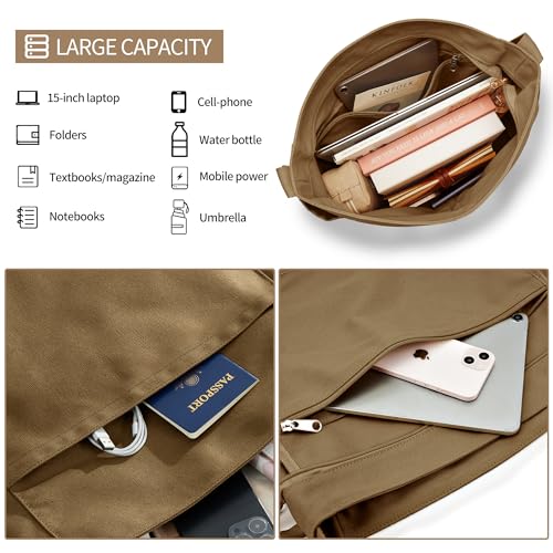 KALIDI Canvas Tote Bag Zipper Large Crossbody Shoulder Bag Messenger Bag - color: Abrown