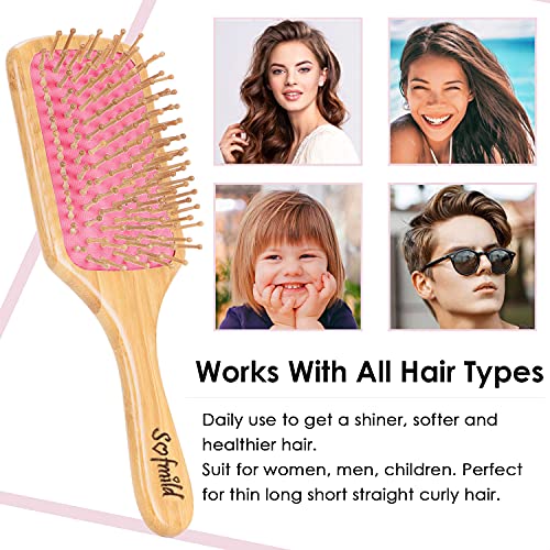 Sofmild Bamboo Hair Brush with Tail Comb, Pink Cushion Paddle Brush - color: Rose