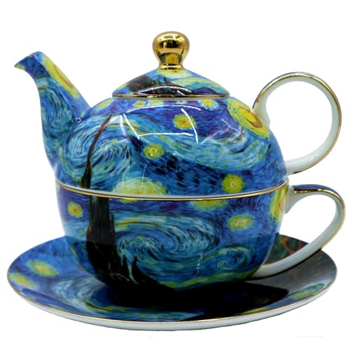 Porcelain 13 OZ Tea for One Teapot and Cup Set Vintage Floral Ceramic Tea Set European Style Tea pot and Saucer Set (Starry Sky) - color: Starry Sky