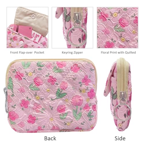 Cute Prints Cotton Quilted Coin Purse for Women Girls - color: PINK TULIP