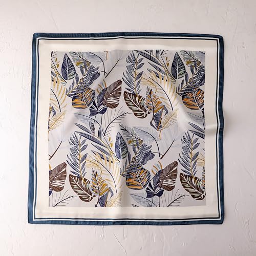 100% Pure Mulberry Silk Scarf 21" Women Square Scarf Neckerchief Headscarf - color: Gray and Blue Leaves