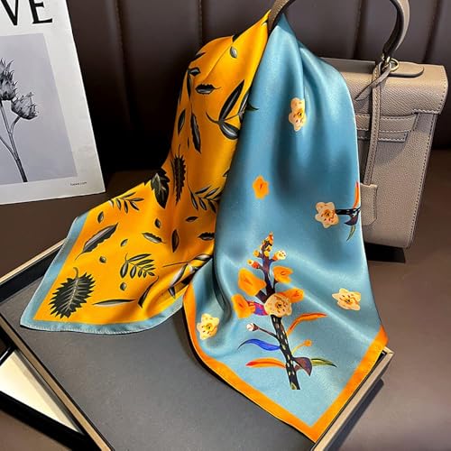 100% Pure Mulberry Silk Scarf 26" Women Square Scarf Head Scarf Neck scarf - color: Blue Yellow