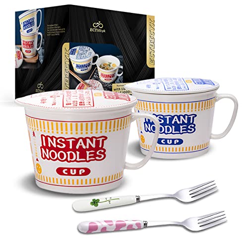 Ramen Bowls with Lid and Handle Cute Instant Ramen Noodle Bowl Anime Ceramic Large Noodle Bowl Sets with Fork, Gift for Ramen Lovers (2PCS, Red & Blue) - color: 2PCS,Red & Blue