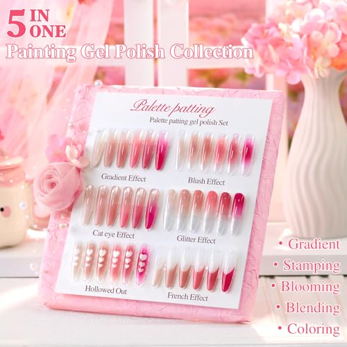 Double Rhythm Painting Gel Polish Set for Nail Art Palette Patting Gel Polish 6 Colors with 100 Pcs Sponges and Grabbing Pen (Neutral Nude Rose-T6-66) - color: Neutral Nude Rose