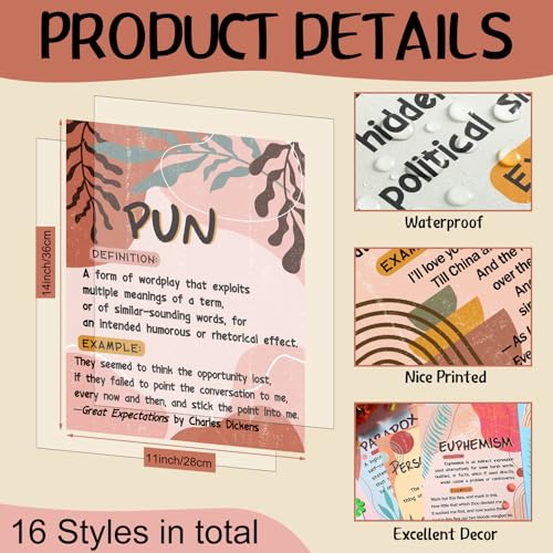 Qeeenar 16 Pcs Figurative Language Posters for Classroom, Vintage Boho