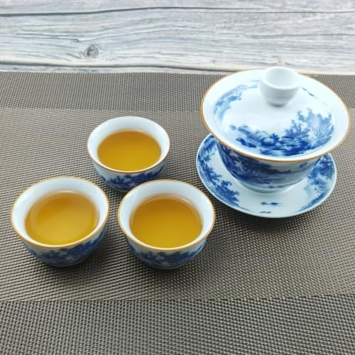 Jingdezhen Chinese Tea Set Porcelain Service Gaiwan Tea Cups Mug of Tea Ceremony Teapot,One Teapot and Three Cups Bone Kung Fu Tea Ceremony Party Home Office Décor（Landscapes）