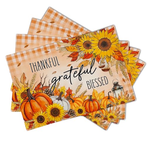 Giwawa Fall Autumn Placemats, Thanksgiving Pumpkin Sunflower Thankful Grateful Blessed Linen Place Table Mats Washable Stain Resistance for Kitchen Dining Tabletop Decor, Set of 4, 12x18Inch - color: Fall Thankful