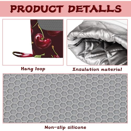 Red Cherry Heat-Resistant Silicone Oven Mitts and Pot Holders,Long Oven Gloves with Non-Slip Grip for Cooking, Baking, Grilling,BBQ - color: Red Cherry