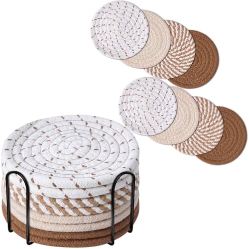 Drink Coasters 8 Pack with Holder, 4-Color Cotton Woven Absorbent Coasters Set, Minimalist 4.3in Cup Mat for Home Decor, Dining Table, Living Room, Tabletop-Protection for Coffee Beverage-Brown - color: Brown