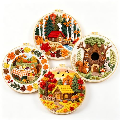 Zhenqing 4-Piece Autumn Embroidery Kit for Beginners, Fall Cabin Squirrel Treehouse Pumpkin Needlework Set with Pre-Printed Fabric, Hoop & Threads (C0167) - color: Autumn Woodland Collection