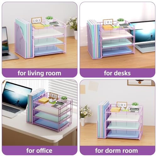 Marbrasse 4-Tier Paper Tray Organizer with File Holder, Purple - color: Purple