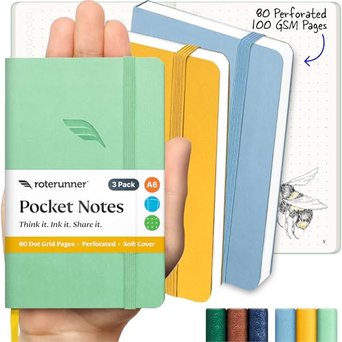 Roterunner A6 Pocket Notebook (Spring Pastel) 3 Pack 3.5x5.5 Dotted Mini Notebook Journal 100Gsm Perforated Paper, Work Gym Travel Journal Notebook, Leather Small Notebook Numbered with Notes Index - color: Spring Pastel