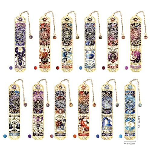12 PCS Zodiac Theme Metal Bookmark for Women, Gold Hollow Astrology Bookmarks Set Funny Book Mark for Girls, Teenage, Student, Readers, Men, Horoscope Themed Gifts for Book Lovers, Birthday Present - style: 12Pcs Zodiac