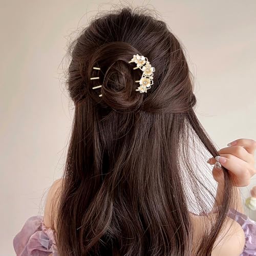 Pearl Flower Hair Clips for Women U-Shaped French Hair Pin Flower Hairclips Gold Hairpin Clip Metal Bun Maker Floral Hairpins Wedding Hair Accessories for Girls Ladies Brides Bridesmaids