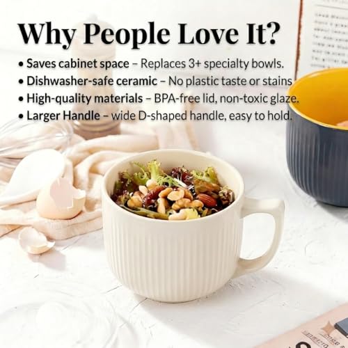 Ceramic Soup Bowl with Handle & Lid, 32oz Microwave Ramen Bowl Set of 2 - color: White 2 pcs-32, size: 32 OZ
