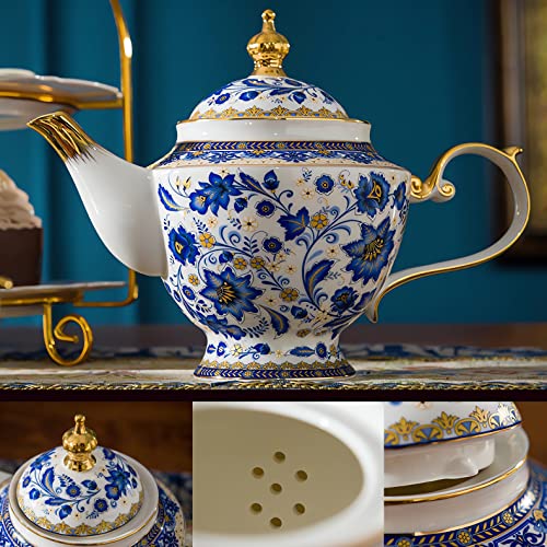 ACMLIFE Tea Set for Adults, Vintage Tea Sets, Bone China Tea Set, Tea Cup Set Porcelain Tea Set for 6, Floral Tea Cup Set With Teapot, 21 Pieces Tea Party Sets for Women Gift，Mother's Day (Blue) - color: Blue