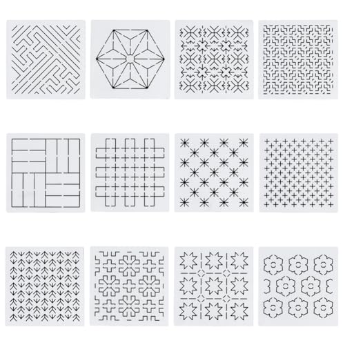 FREEBLOSS 12Pcs 5.5 * 5.5inch Plastic Sashiko Stencils Drawing Stencils Embroidery Patterns 12 Different Geometric Stencils for Embroidery Sashiko Templates for Hand Quilting - style: Geometric Lines