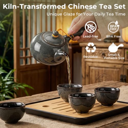 DUJUST Chinese Gongfu Tea Set, Kiln Altered Glaze Porcelain Tea Set with 1 Teapot, 4 Tea Cups & 1 Tea Tray, Portable Japanese Tea Sets with Storage Bag for Travel, Gifting, Outdoor, Grey - color: Gray
