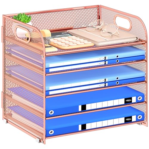 Paper Organizer Letter Tray with Handle Mesh 5 Trays - color: Rose Gold, size: 12.6" x 9.1" x 13.4"