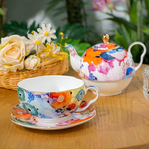 KAMMAK Tea for One Set, Ceramic Teapot, Bone China Tea Set, Cup and Saucer - color: Colorful-XY2