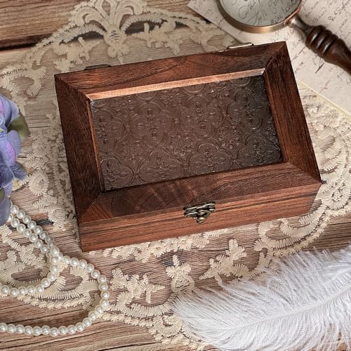 Vintage Wooden Storage Box with Glass Lid, Keepsake Box Small Decorative Storage Box for Jewelry, Trinket, Gift and Home Decorations (Small) - size: Small