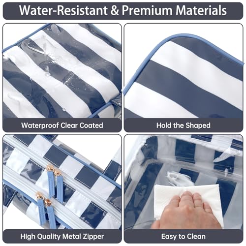 Toiletry Bag for Women, White and Navy Stripe - color: White-Navy