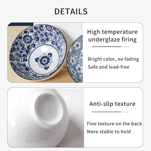 Rice Bowls 10oz, Japanese Style Bowls Set of 6 with Gift Box - Blue and White Ceramic Bowls for Soup, Dessert, Ice Cream, Snack - Kitchen Gifts for Women (Blue and White) - color: Japanese B (6 bowls)