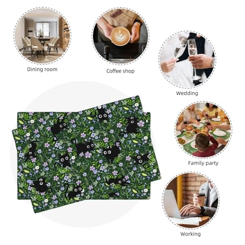 Black Cat Spring Floral Green Placemats Set of 4, Cat Wildflowers Shrub Table Place Mats Linen Washable Heat Resistant Place Mat, Kitchen Dining Restaurant Farmhouse Decoration - color: Green Cat
