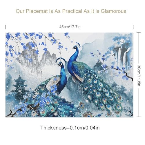 Japanese Peacock Blue Floral Placemats Set of 4, 12x18 Inch - color: Floral Bird03, size: 4pcs