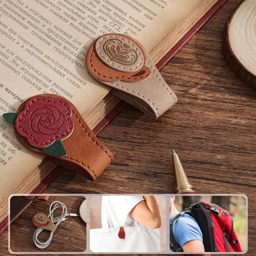 2PCS Vintage Magnetic Leather Bookmark, Leather Magnetic Bookmarks for Women, Magnetic PU Bookmarks Clip Book Accessories - style: Rose&Coffee
