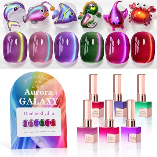 Double Rhythm Cat Eye Gel Nail Polish Set of 6 Same Color Same Bottle 0.5 Oz Shimmer Glitter with Magnet Holographic Reflective Magnetic UV Nail Polish Kit at Home (Aurora Galaxy Burgundy-T6-58) - color: Aurora Galaxy