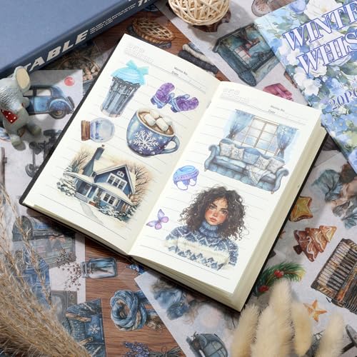 Winter Scrapbook Stickers 20 Sheets 240 Pre-Cut Washi Stickers for Journaling PET Transparent Book Sticker Decorative or DIY Paper Crafts, Arts and Crafting Projects - color: Winter Whispers
