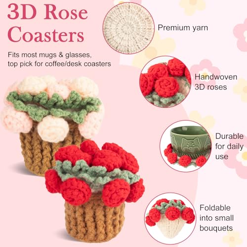 Crochet Flowers Coasters with Basket,Handmade Rose Bouquet Blanket Kawaii Decor Coaster for Desk,Coffee Table,Home Decor,Wedding Gift,Housewarming,Birthda(2Pcs) (Red,Pink) - color: Red,pink