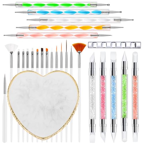 Nail Art Tools 27Pcs Set,Nail Art Brush,Resin Nail Art Palette,5 Pcs Nail Art Sculpture Pen,2-way Acrylic Silicone Engraving Pen Dotting Pen Tools Nail Art Kit for Nail Art DIY - color: A5#White Style 3