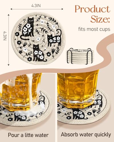Absorbent Cup Coasters Set of 6 with Holder, Black Cat - color: Black Cat