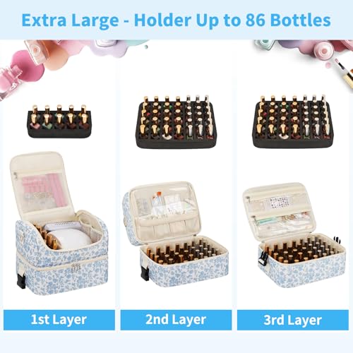 Extra Large Nail Polish Organizer - Three Layer Nail Organizers And Storage Bag, Portable Nail Supplies Organizer Case, Nail Tech Kit Travel Carrying Box with Shoulder Strap (Floral Blue, 86 Slots) - color: Floral Blue, size: 86 Slots