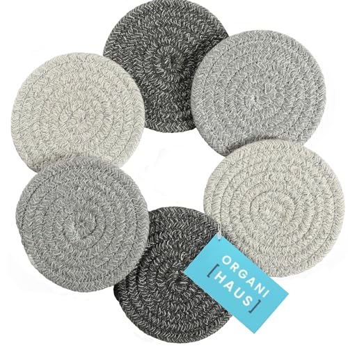 OrganiHaus Drink Coasters Set of 6, Absorbent Cotton Woven Cup Coasters, Rustic Farmhouse Boho Decor for Coffee Table and Drinks Protection, Cute Coaster for Drinks, Coaster for Office Desk - Gray - color: Mixed Gray