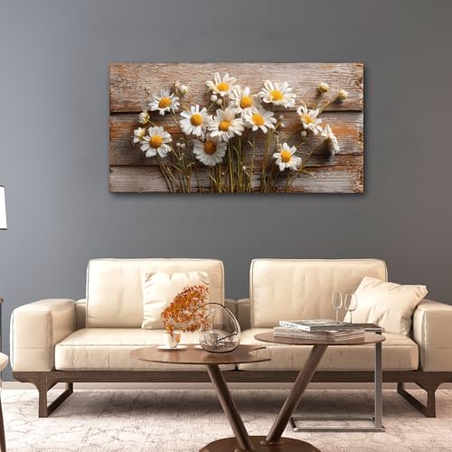 KZKU Wall Art Floral Canvas Print Rustic Daisy Painting Farmhouse -White Flowers on Weathered Wood Background- Modern Hmoe Decor for Living Room Bedroom 20X40in - color: brown, size: 40"L x 20"W