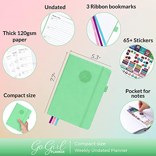 GoGirl Planner for Women, Undated Weekly Agenda Journal, Mint Green - color: Mint Green, size: Compact (5.3" x 7.7")
