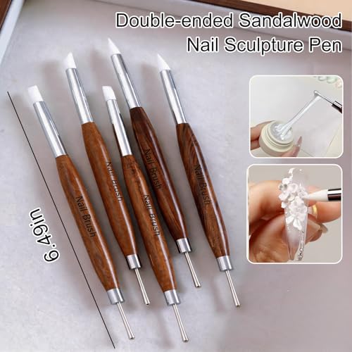 5Pcs Dual-Ended Nail Art Sculpting Tools Silicone Nail Tools for 3D Gel Carving Embossing Gel Mixing Chrome Powder Application Flower Dotting Manicure Design Pen